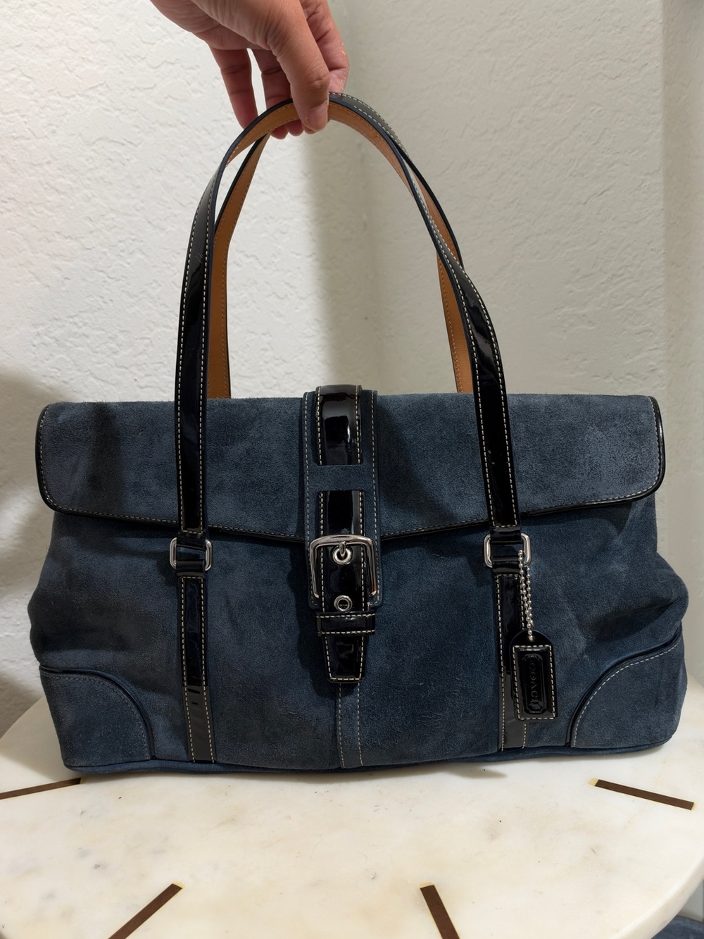 2004 Y2K Vintage Coach LE Suede Buckled Flap Satchel #9271 Blue & Black